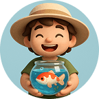 A friendly character holding a koi fish bowl
